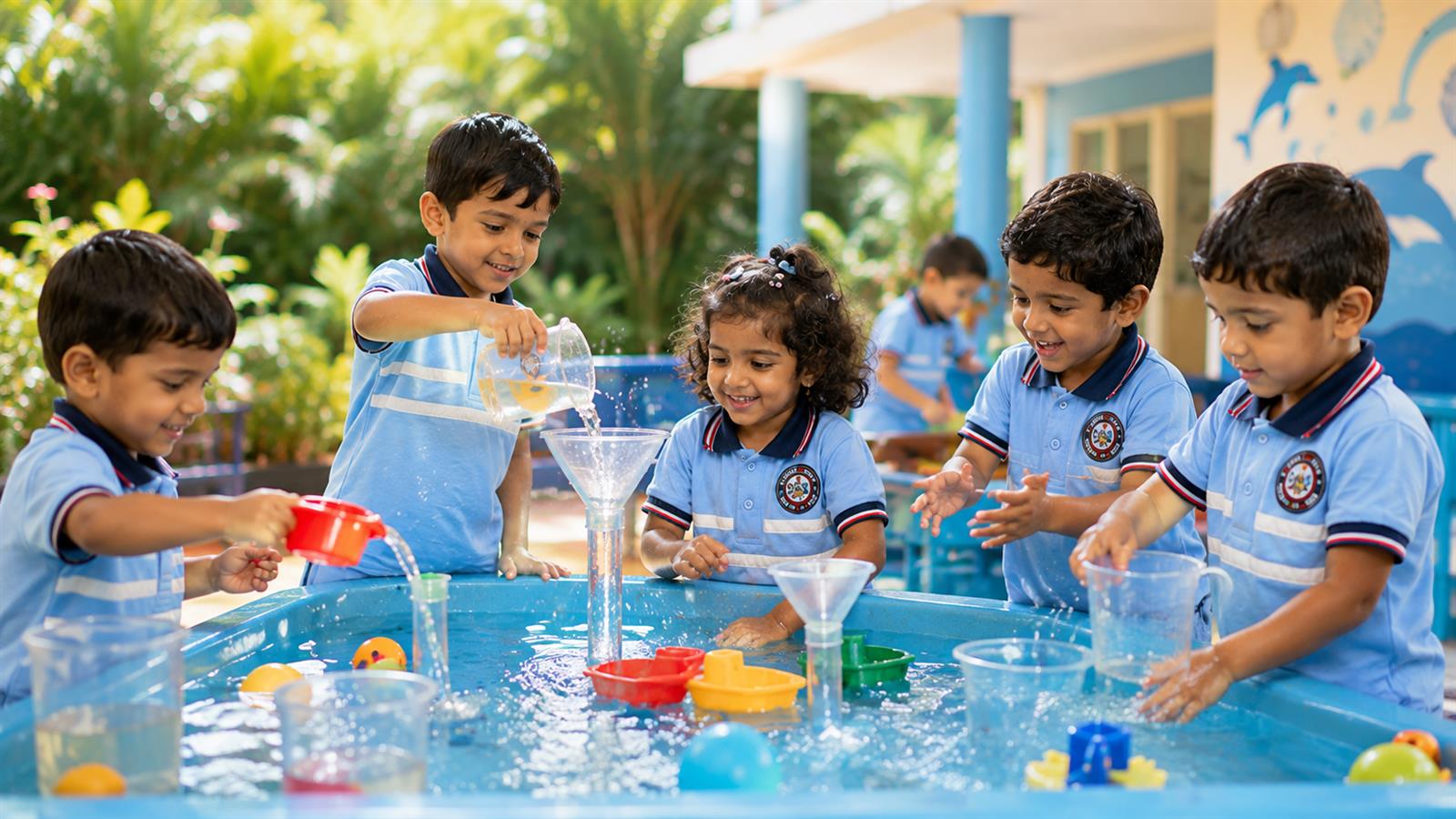 Children pouring and exploring water play at Aqua Kids International preschool, Nandini Layout